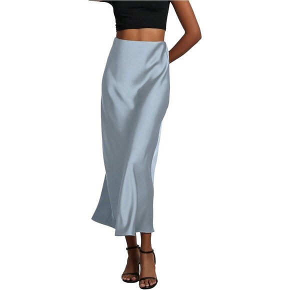Dresses & Skirts - Women's Dusty Blue 100% Polyester Satin A Line Long Elegant Office Maxi Skirts